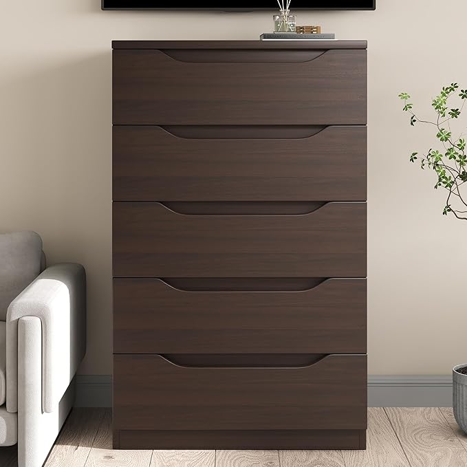Brown Tall 5 Drawer Dresser for Bedroom with Hidden Storage Design, Large Modern Closet Dressers & Chests of Drawers with Cut-Out Handles, 27.6" L*15.8" W*45.3" H for Bedroom, Living Room, Nursery