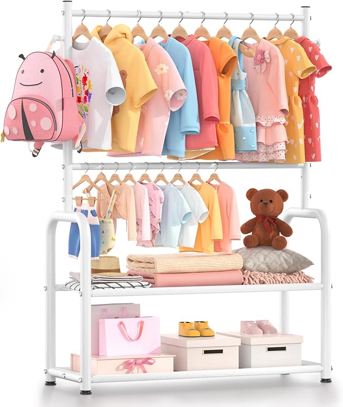 Kids Clothing Rack with 2-Layer Storage Shelf and 2 Adjustable Hanging Rods, Small Baby Closet Organizer for Hanging Clothes, Kids Dress Up Rack for Child (Classic, White)