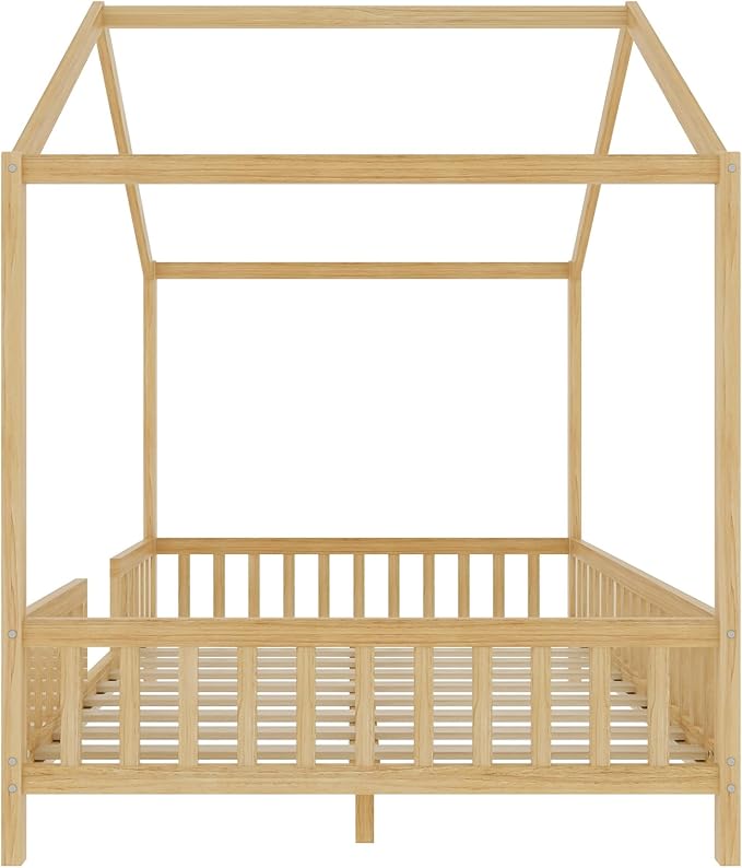 Montessori Floor Bed with Canopy, High Railings and Roof, Full Size Wood House Bed Frame for Kids Bedroom (Natural/C)