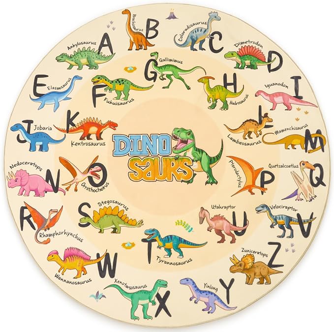 Kids Rugs for Playroom, 4'x4' Round Educational Rug for Learn The ABC Alphabet, Soft Machine Washable Non-Slip Cute Dinosaur Carpet for Classroom Toddler Nursery Kids Room Decor Mat, Beige