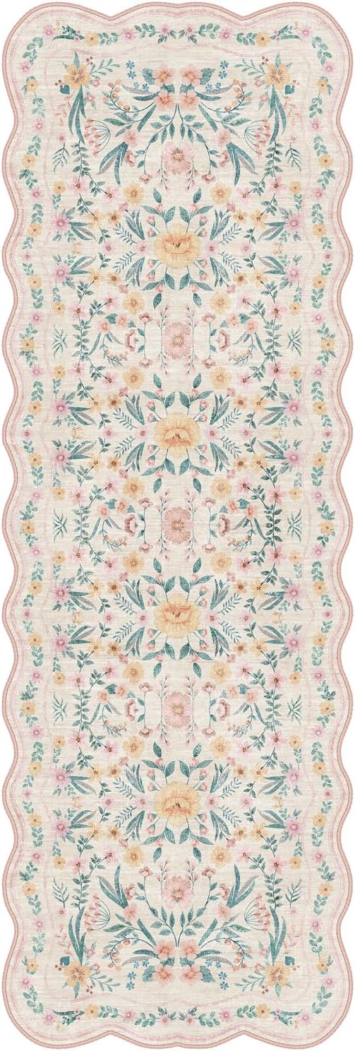 Scalloped Floral Runner Rug 2x6, Pink Washable Non-Slip Boho Hallway Rug, Soft Cute Carpet Runner for Kitchen, Bathroom, Laundry, Entryway or Bedroom