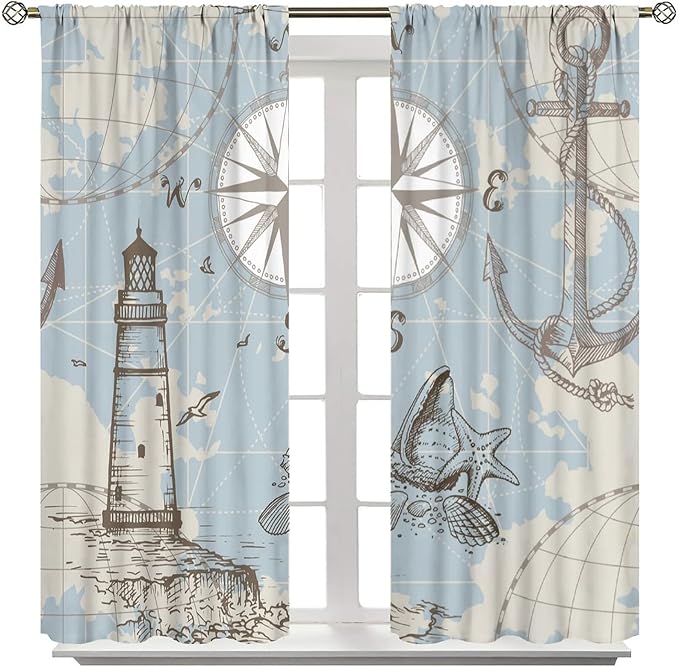 Nautical Theme Window Curtains,Pirate Sailboat Curtains for Bedroom,Conch Starfish Print Draperies for Living Room,Ocean Window Treatment Curtains Set 2 Panels,72x63 Inches