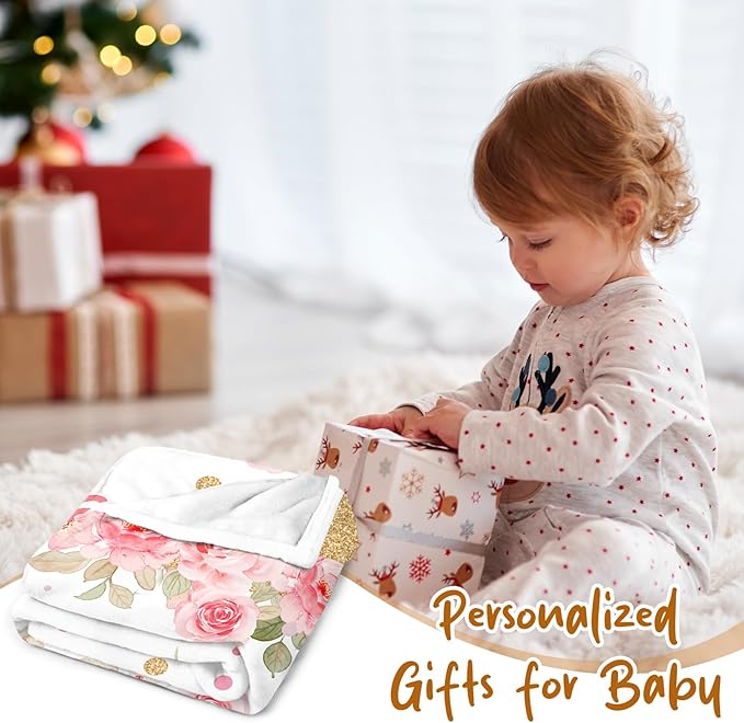 Personalized Baby Blanket, Custom Baby Blankets with Name for Girls, Personalized Baby Girl Gifts for Christmas Birthday Easter, Customized Baby Blanket for Kids Toddler New Mom Newborn (White)