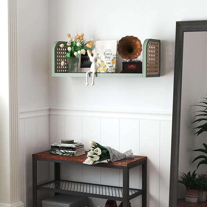Green Rattan Wall Shelf, Wooden Hanging Bookshelf Storage, Cute Nursery Shelves Wall Mounted, Boho Decorative Floating Shelves for Kids Room, Living Room, Play Room, Bedroom