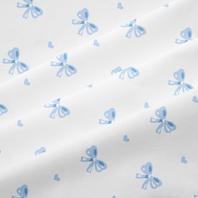 Bow Duvet Cover Queen Size Blue Striped On White Bedding Set 3 Pieces Cute Heart Printed Stripe Reversible Princess Style Soft Breathable Microfiber Duvet Cover Set with Zipper Closure