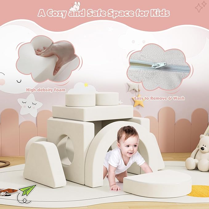 12 PCS Modular Kids Play Block Couch Child Sectional Soft Sofa Toddler Building Fortplay Climbing Bedroom Playroom Baby Convertible Floor Foam Cushion for Boys & Girls (Cream+Double Seat-1)