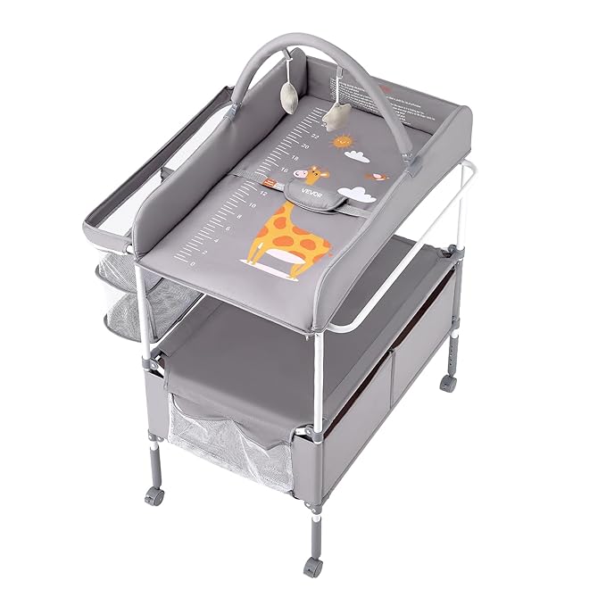 VEVOR Baby Changing Table, Foldable Diaper Change Station with 2 Fabric Drawers, Side Basket and Hanging Rod, Adjustable Height Changing Table with Lockable Wheels and 2 Star Toys, Light Gray