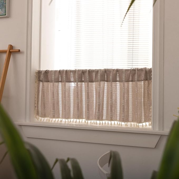 Deeprove Taupe Boho Valance with Tassels Linen Kitchen Short Embroidered Curtain. Farmhouse French Cottage Rustic Small Window Treatment for Cafe Closet Laundry Dining Restaurant 1 Panel W52 x L18