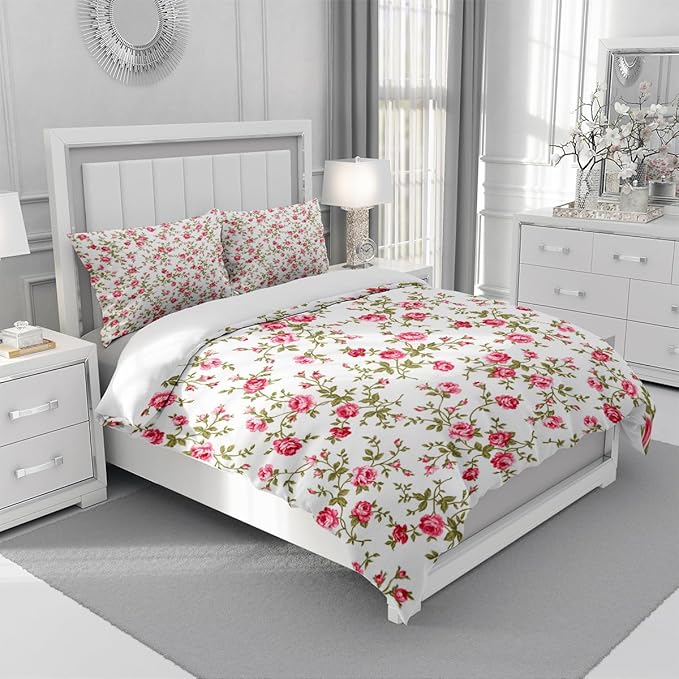 Pink Floral Duvet Cover Queen Girls Garden Floral Bedding Set Vintage Style Aesthetic Flower Comforter Cover 1 Duvet Cover with 2 Pillowcases Flowers Botanical Duvet Cover with Zipper Closure