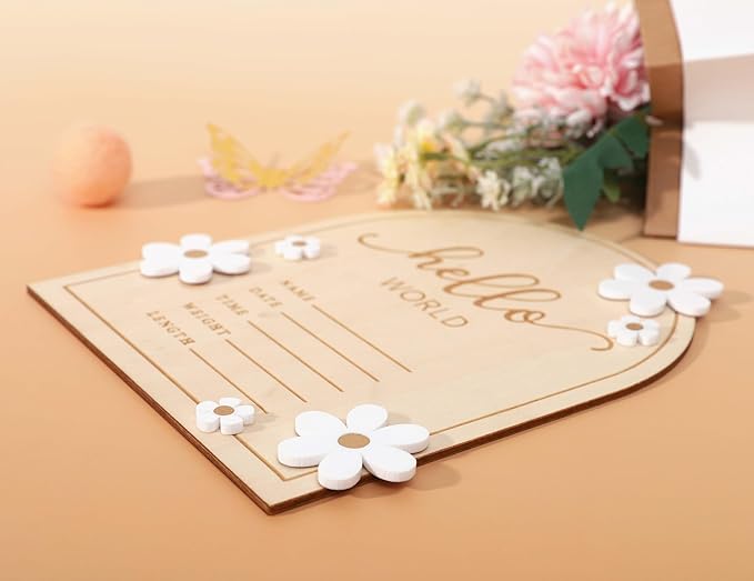 Wooden Hello World for Baby Showers - Newborn Birth Announcement Board,Daisy Wooden Baby Milestone Card,Welcome Baby Shower Gifts,Hello World Hospital Nursery Information Record Board (Hello World)