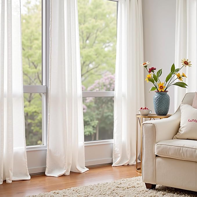 jinchan Linen Blend Curtains 84 inch Length 2 Panels for Bedroom Living Room, Light Filtering 60 inch Wide Farmhouse Drapes with Rod Pocket Back Tab(60W x 84L, Off White)