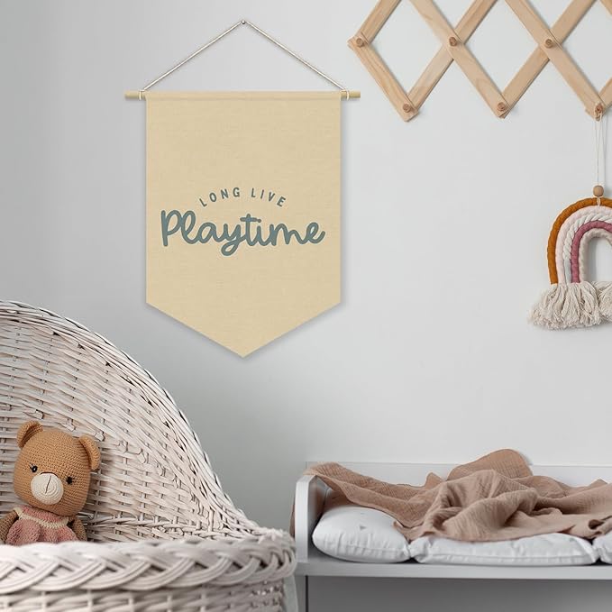 Playroom Decor, Long Live Playtime Neutral Linen Canvas Banner, Play Room Wall Hanging Pennant Flag Banner for Nursery Toddler Kids Room Bedroom Playroom Decor, 15x11in