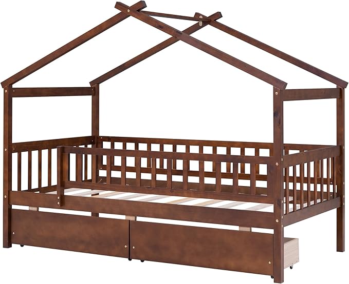 Merax Twin Size Wooden House Bed with Two Drawers, Wood Bed Frame with Roof and Safety Guardrail for Kids, Teens, Boys or Girls, Walnut