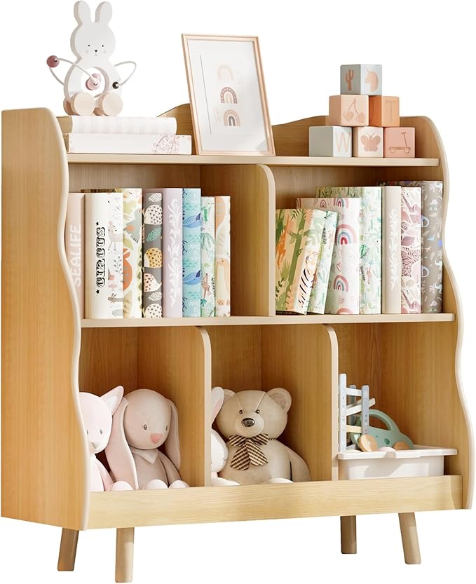 Treocho Kids Bookshelf and Toy Storage Orangizer, 3-Tier Wooden Children's Bookcase with Curve Design, 5 Toy Storage Cabinet Display with Legs for Children's Room, Playroom, School, Natural