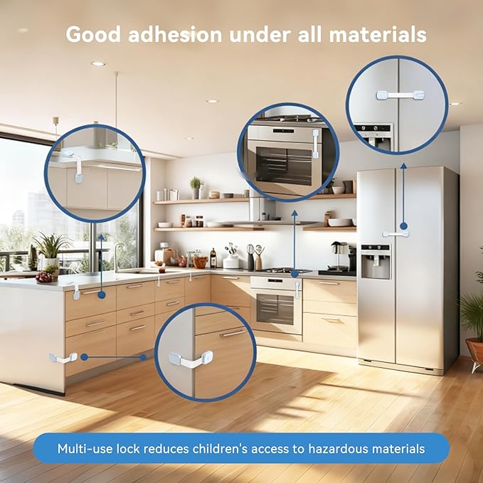 10-Pack Child Safety Cabinet Locks,Adjustable No Drilling Baby Proofing Strap Latches for Drawers,Cupboard,Cabinets,Fridge,Toilet Seat,Door,Closet–No Tool Easy 3M Adhesive Installation