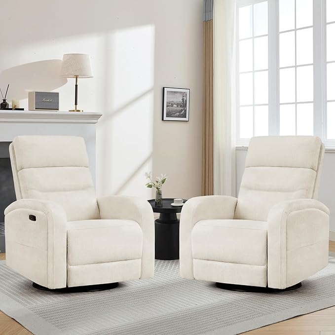 Glider Recliner Nursery Chair, Power Swivel Rocker Recliner with Adjustable Backrest Support, Swivel Rocking Nursery Recliner Chairs with USB and Type-C Ports for Living Room, Chenille Cream White