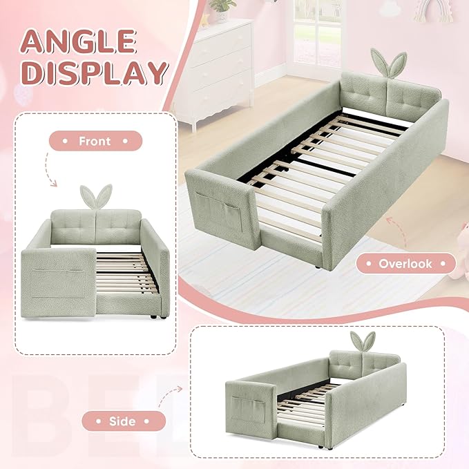 Twin Size Kids Bed with Rabbit Ear Headboard, Upholstered Boucle Fabric Twin Daybed with Slats Support & Side Pockets, Space-Saving Wooden Corner Sofa Couch Bed Frame, for Girls, Boys, Teenager(Green)