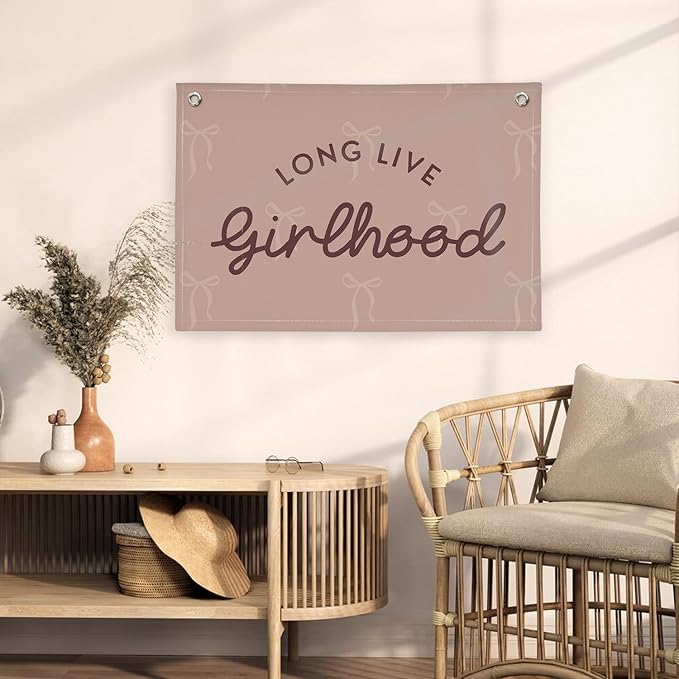 Pink Girls Room Decor,Vintage Coquette Bow Hanging Linen Banner Flag for Baby Girls Nursery Teen Girl Bedroom Dorm Decorations Kids Toddler Room Nursery Playroom Wall,girlroom