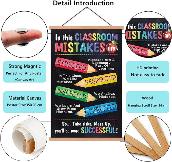 KAIRNE Kids Classroom Mistake Educational Poster With Wood Magnetic Hanger,Inspirational Quote Hanging Wall Art(35X56CM) Child Positive Canvas Art Print For Kids Room Classroom School Playroom Decor