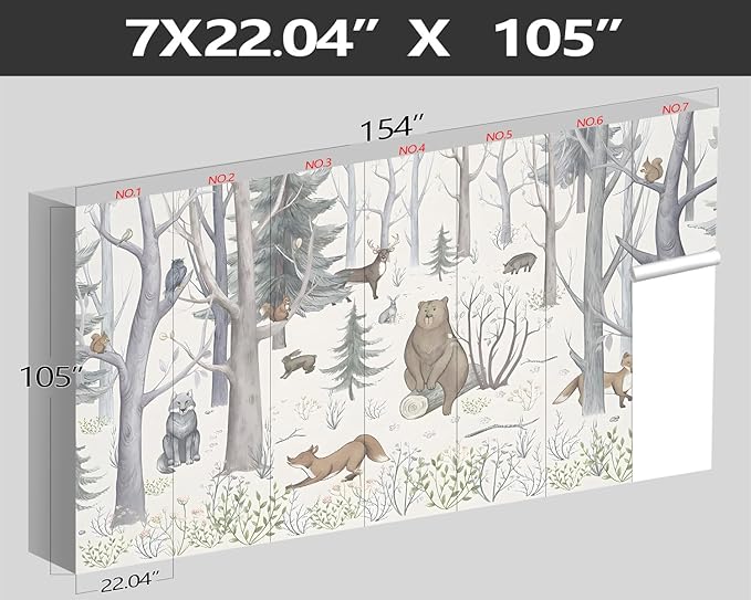 XMPMBM-Cartoon Hand-Painted Animals Woodland Nursery Room Fabric Wallpaper Graffiti Pine Forest Kids Gaming Room Wall Mural-W 154" X H 105"(112 Square Foot)