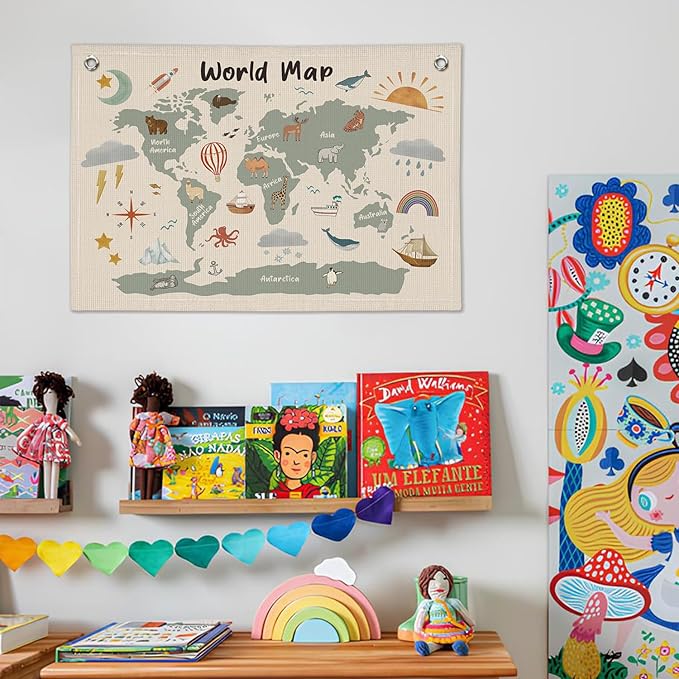 Wheatwin World Maps for Wall, Kids World Map Banner, Cute Animal World Map Educational Tapestry Wall Hanging Banner Flag Decor for Kids Room Classroom Playroom