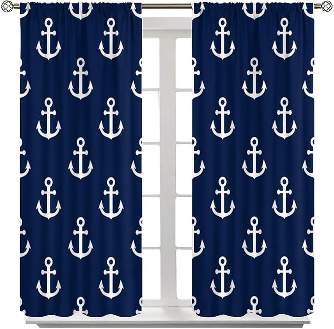 BAEKJIN Nautical Costal Curtains,MarineThemed Oceanic Anchor Pattern Print Decor Home Bedroom Living Room Window Treatments 2 Panel Set 42x45 Inch