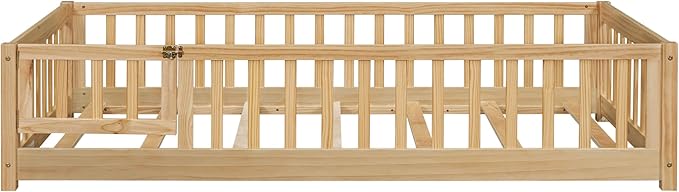 Twin Size Montessori Floor Bed Frame with Door,Wood Montessori Bed w/Guardrails & Wood Slats for Girls & Boys,Natural