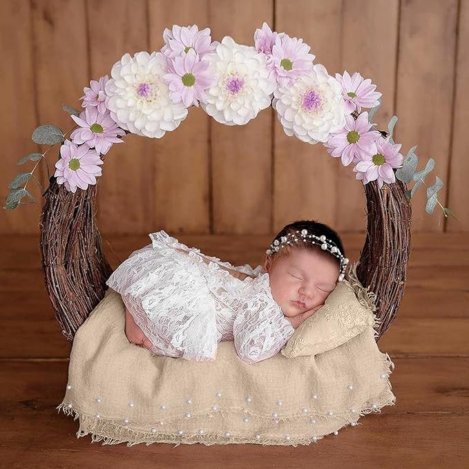 SPOKKI 2 PCS Baby Props Photography Wrap Kit, Newborn Photography Props, Handmade Pearl Wrap Blanket for Baby Photo Props with Pearl Headband, 35.5 X 67 inch Newborn Outfits for Photography (Beige)