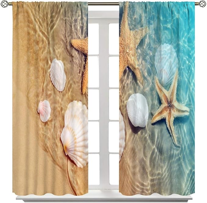 Beach Curtain for Bathroom Decor,Sea Turtle Starfish Seashell Nautical Ocean Coastal Scenery Art Printed Fabric Polyester Waterproof Set 2 Panels,63x63 Inches