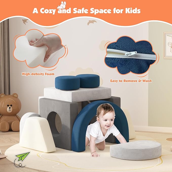12 PCS Modular Kids Play Block Couch Child Sectional Soft Sofa Toddler Building Fortplay Climbing Bedroom Playroom Baby Convertible Floor Foam Cushion for Boys & Girls (Blue+Grey+Beige)