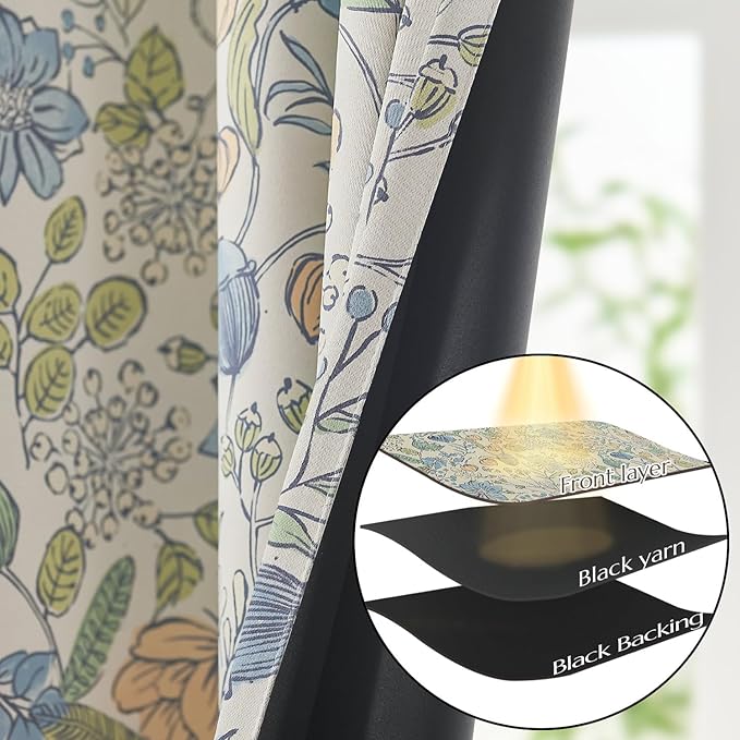 Vangao Blue Nursery Curtains for Girls Room Floral Blackout Dorm Curtains 63 Inch Length Farmhouse Drapes for Bedroom Room Darkening Flower Patterned Window Treatment for Kids Set of 2