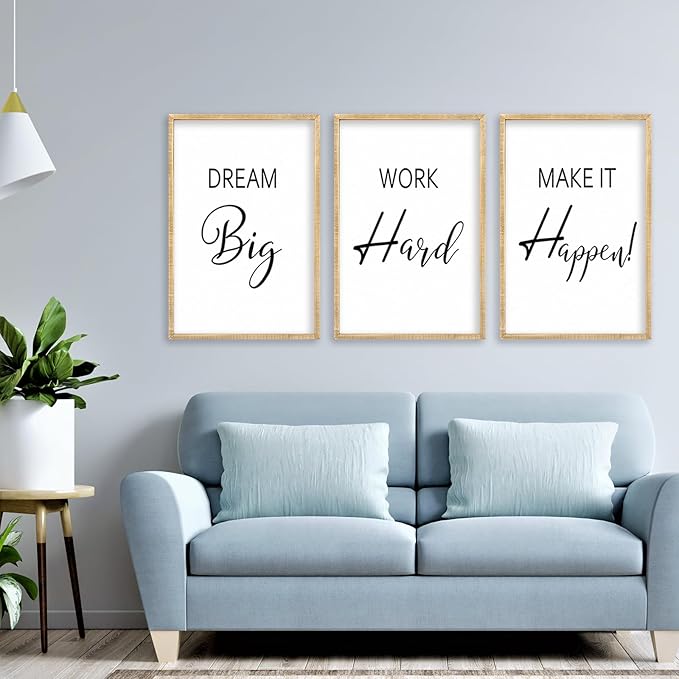 Motivational Positive Sign Wall Decor 11x16 Inch Office Set Of 3 Wood Framed Large Inspirational Quotes Living Room Home Wall Art Dream Big Work Hard Make it Happen women Hanging (Wood)