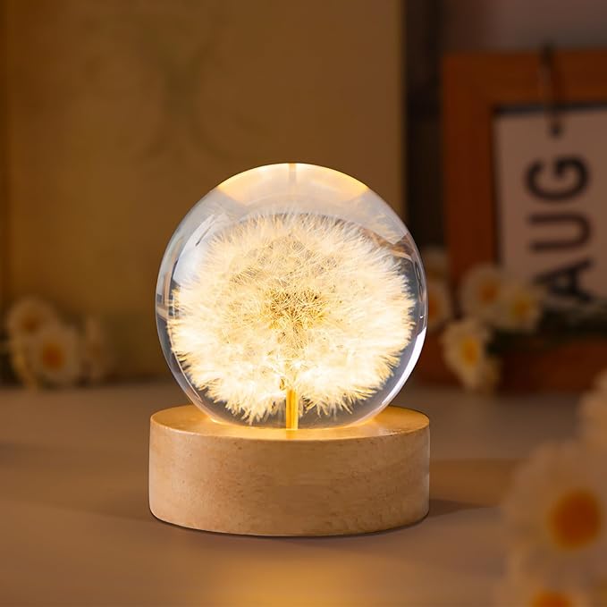 Dandelion Decor Gifts,Dandelion Flowers Lamp Crystal Ball Night Light,2.4 Inch Glass Ball Lamp with LED Wooden Base, Soft Warm White Lighting for Women Best Friends Sister Birthday Xmas Aesthetic Gift