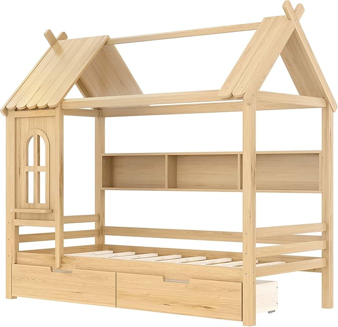 MERITLINE Twin Size House Bed with Storage Drawers & Window, Solid Wood Platform Bed Frame with Shelves, No Spring Box Needed, Childlike Design for Kids, Girls, Boys, Natural
