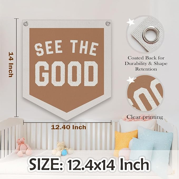 See The Good Banner – Boho Vintage Linen Pennant, Inspirational Wall Hanging Flag for Accent Decor, 12.4x14 in