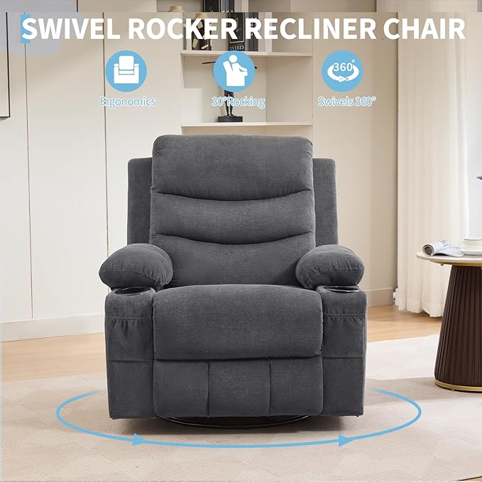 Recliner Chair Nursery, Oversized Manual Reclining Rocking Chair, 360 Swivel Glider with Cup Holder, Massage and Heat Recliner, Indoor Small Single Sofa Chairs for Adults, RV, Bedroom, Linen Gray