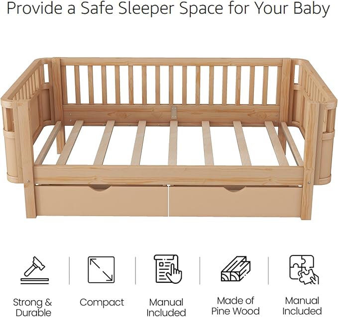 Twin Bed Frame with Rails for Kids, Wood Montessori Bed Twin with 2 Storage Drawers &Slats Support, Modern Daybed with Removable Bed Rails for Girls Boys Bedroom Living Room, Natural