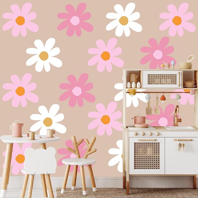 TaoBary 12 Sheets Daisy Wall Decal Flower Wall Sticker Cute Daisy Sticker Pink White Flower Decal Peel and Stick Floral Wallpaper for Nursery Bedroom Home Decor(Classic Color,Delicate Style)