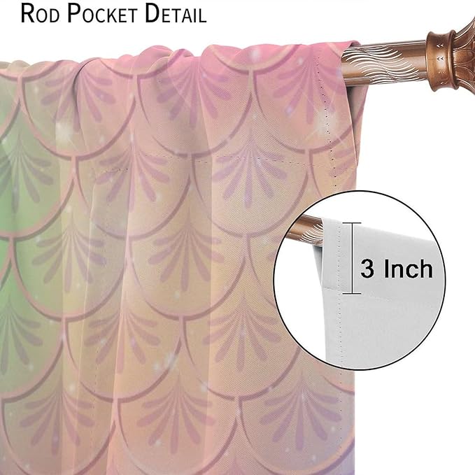 Mermaid Curtains, Kids Cartoon Watercolor Sea Animals Mermaid Princess Scales Pattern Print Living Room Decoration for Kids Girls Bedroom Nursery 84x84 Inch