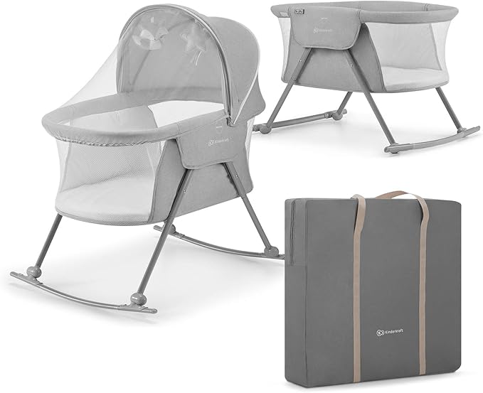 Kinderkraft LOVI Travel Bassinet for Baby, Portable Folding Baby Bed with Built-in Mosquito net, Adjustable Hood and an Additional Cradle Function, Grey