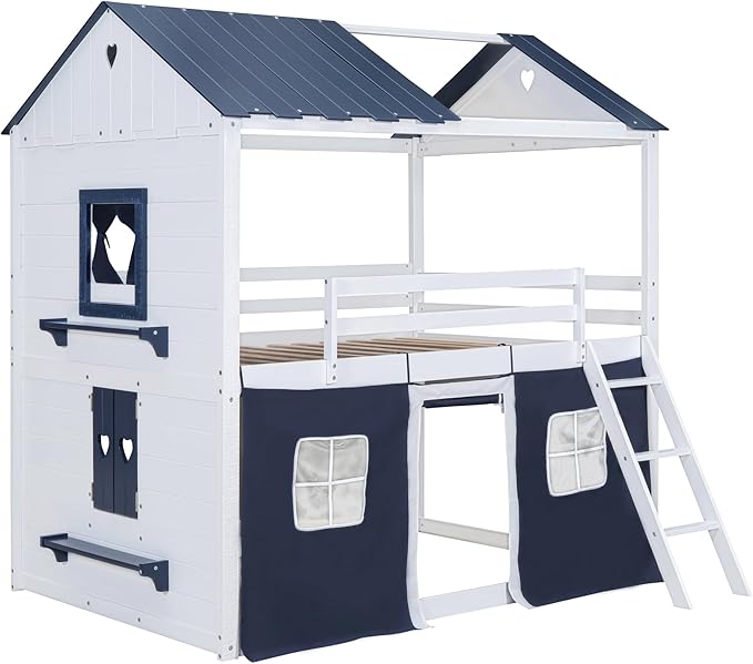 MERITLINE Full Over Full Princess Castle Bunk Bed with Tent,Ladders and Guardrail, Solid Wood Playhouse House Floor Bunk Bed with Windows and Roof (Full,Blue & White)
