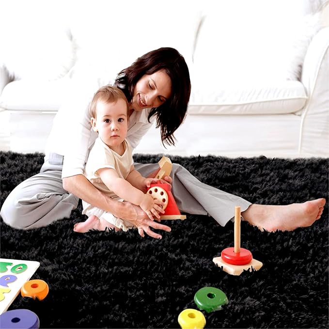 CAIYUECS Shag Area Rug,Indoor Ultra Soft Plush Rugs for Bedroom Living Room, Non-Skid Modern Nursery Faux Fur Rugs for Kids Room Home Decor (8x10 Feet, Black)