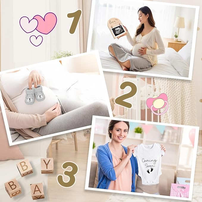 9 Pcs Pregnancy Announcements Set, Include Felt Letter Board Baby Bodysuit Shoes and Wooden Sign Surprise Announcement for Grandparents Partner Gift Family Reveal(White Coming soon-grey shoe)