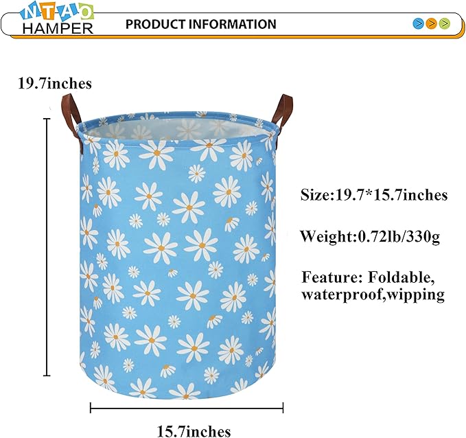 Kids Laundry Hamper,Blue Laundry Basket,Baby Nursery Hamper,Waterproof Toys Storage Bin,Clothes Organizer,Gift Basket,Room Decor(Daisy)