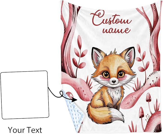 Personalized Baby Blanket with Name – Woodland Rusty Red Fox Design Soft Receiving Blanket for Newborn Girls, Custom, Cozy Nursery Decor for Toddlers