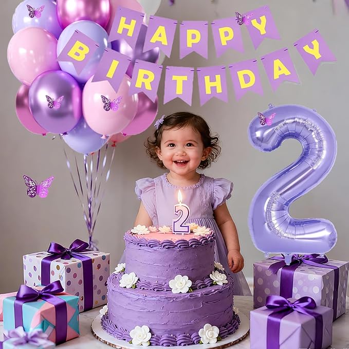 2nd Birthday Decorations for Girl -12 inch Purple Pink Balloons, 40 Inch Purple 2 Balloon,3D Butterflies Stickers, Happy Birthday Banner for Baby Girl 2 Year Old BD Party Decorations