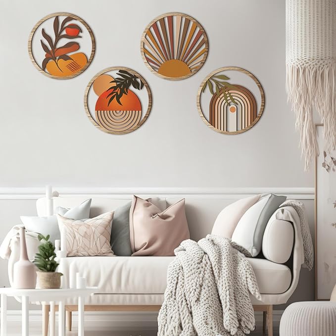 Qunclay 4 Pieces Boho Wall Art Wooden Round Wall Decor Hollow-out Hanging Art Nursery Decor Farmhouse Geometric Hanging 10 Inch Aesthetic Wood Minimalist for Apartment Bedroom Bathroom Gift(Stylish)
