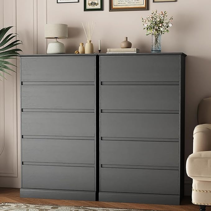 5 Drawer Dresser, Modern Tall Dresser for Bedroom, Wooden Black Chest of Drawers with Large Stoage, Vertical Dressers for Bedroom,Living Room, Entryway, or Hallway, Black