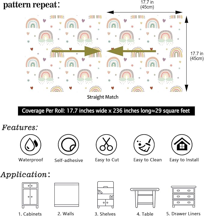 CHIHUT Boho Rainbow Peel and Stick Wallpaper for Kids Bedroom 17.7”x236” Cute Fun Kids Contact Paper for Cabinets Drawers Self Adhesive Removable Nursery Wall Paper Rainbow Wall Decor for Classroom