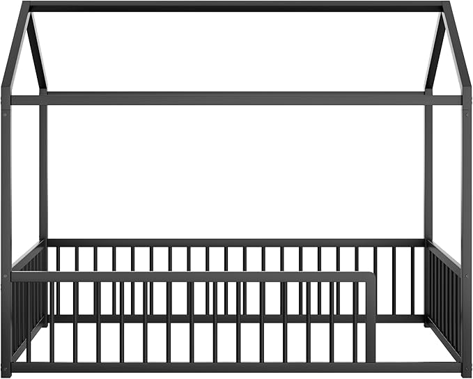 Twin Size Metal Floor Bed Frame,House Shaped Bed with Fence for Kids and Toddlers,Easy Assemble,No Slats,Black